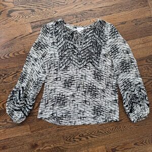 Parker 100% Silk Black & White Printed Peasant Blouse Balloon Sleeve XS
